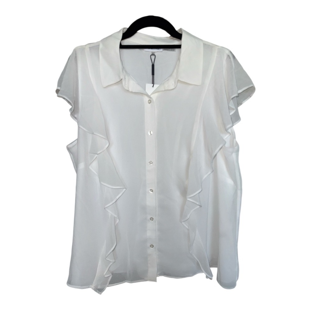 Calvin Klein Women's White Ruffle Flutter Sleeve Button Up Shirt Top - Picture 2 of 4